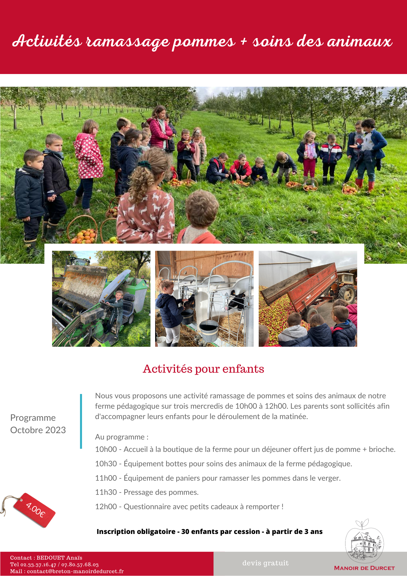 Activité pour les enfants, ramassage des pommes dans le verger au manoir de durcet en Normandie, soins des animaux de la ferme pédagogique de races normandes.